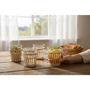 Set of 4 Rattan Wrapped Drinking Glasses | Boho Coastal Home Decor